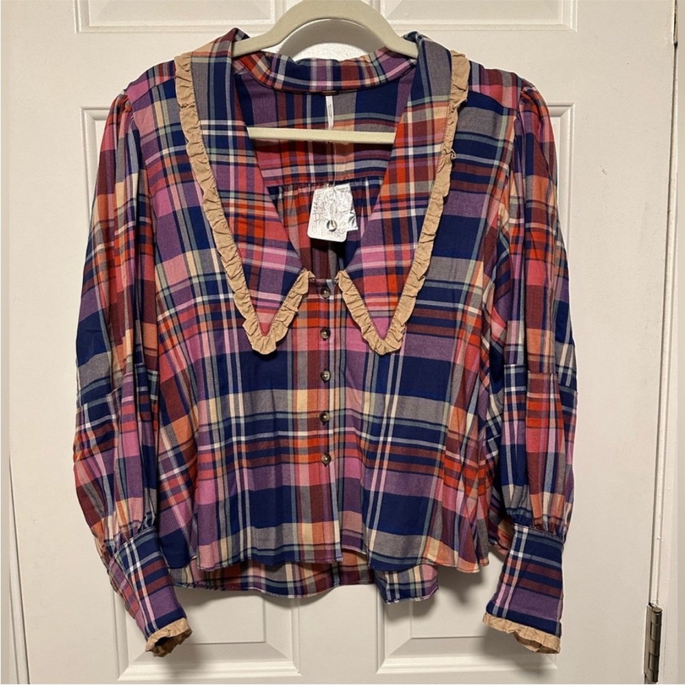 Free People Plaid Top NWT with Balloon Sleeves Button Down Blouse Size medium